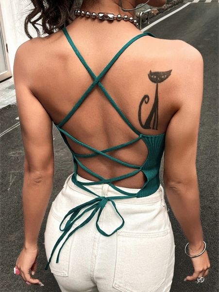 lace up backless cami knit b5wj#, White;black 
lace up backless cami knit b5wj#, White;black