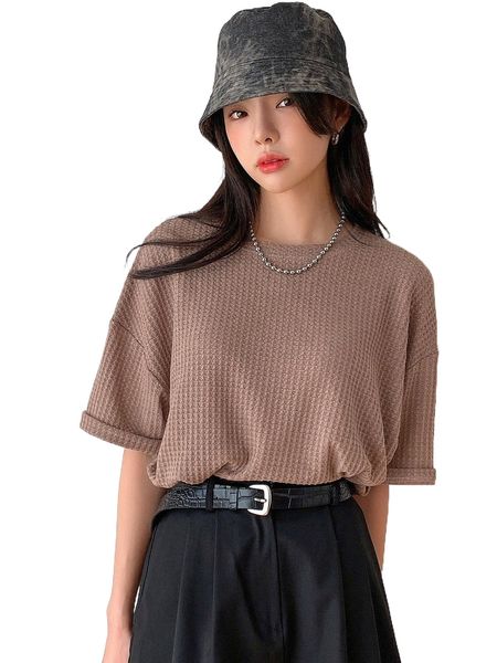 dazy solid waffle knit drop shoulder oversized tee z2yr#, White 
dazy solid waffle knit drop shoulder oversized tee z2yr#, White