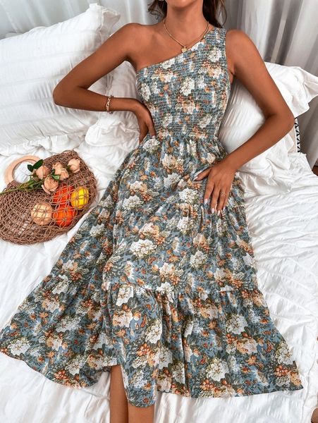 floral print one shoulder shirred ruffle hem dress c2xd#, Black;gray