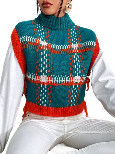 1pc plaid turtleneck sweater vest g19q#, White;black