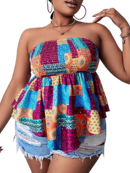 sxy plus patchwork shirred peplum tube m2ki#, Black
