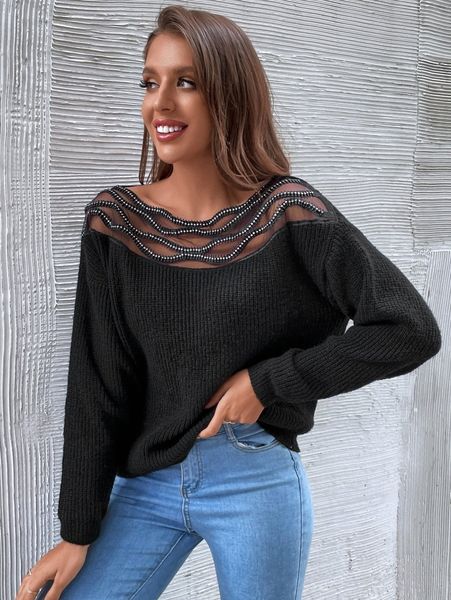 mesh yoke drop shoulder sweater s4sm#, White;black