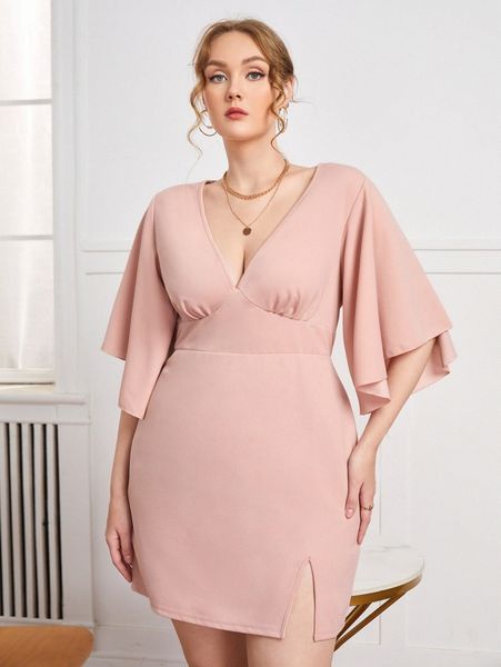 plus batwing sleeve split hem dress j4sr#, Black