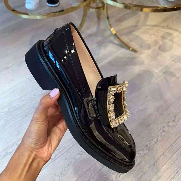 dress shoes lefu shoes women's style square buckle single black thick bottom heel flat british college 27at