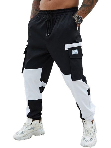men colorblock flap pocket drawstring cargo pants x0c0#, Black 
men colorblock flap pocket drawstring cargo pants x0c0#, Black