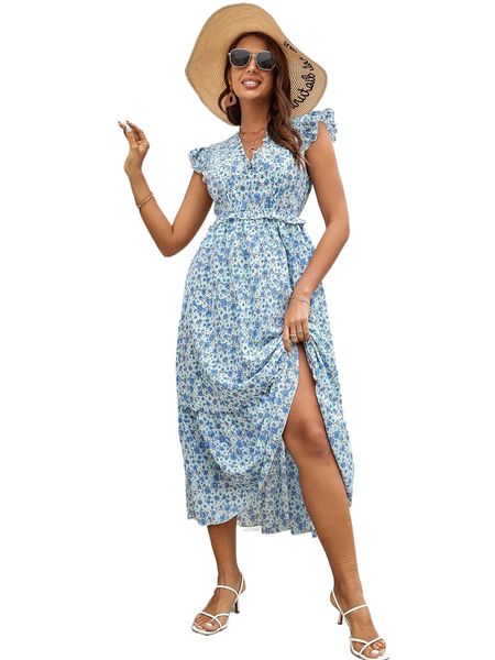 allover floral print cap sleeve frill trim ruffle hem dress 58hc#, Black;gray
allover floral print cap sleeve frill trim ruffle hem dress 58hc#, Black;gray