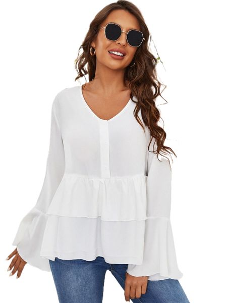 layered hem button front blouse h7bw#, White