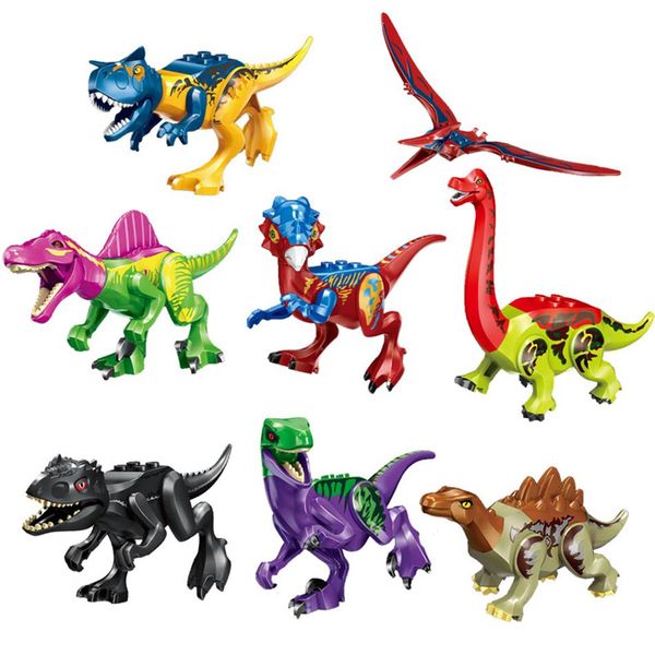

8pcs lot plastic jurassic dinosaur legoingly building block toy figure indoraptor velociraptor tricerat-rex spinosaurus world 203l