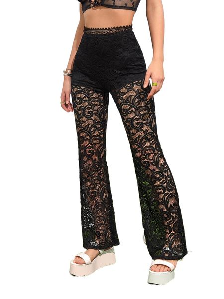 high waist lace bootcut leg pants i40o#, Black;white