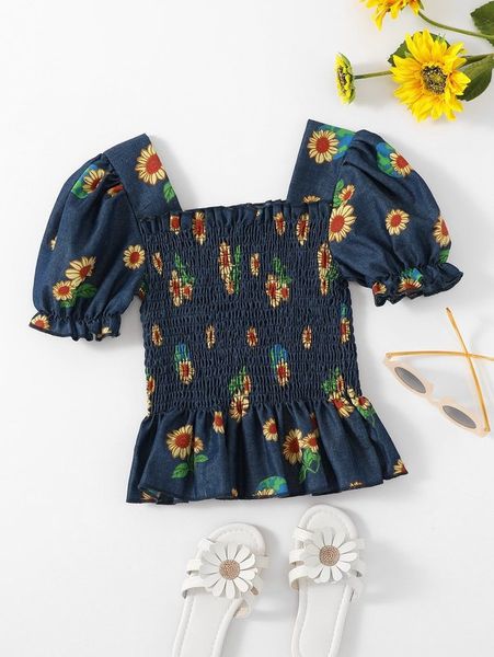 toddler girls sunflower print shirred peplum blouse she, White;black
