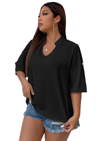 plus notched neckline roll tap sleeve blouse b1bp#, Black 
plus notched neckline roll tap sleeve blouse b1bp#, Black