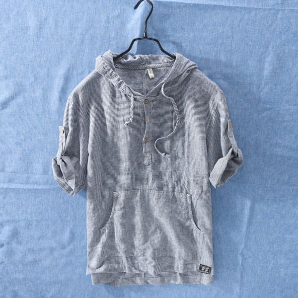 men summer fashion japan style cotton linen short sleeve hooded stripe casual tshirts student male tee 220608, White;black
men summer fashion japan style cotton linen short sleeve hooded stripe casual tshirts student male tee 220608, White;black
