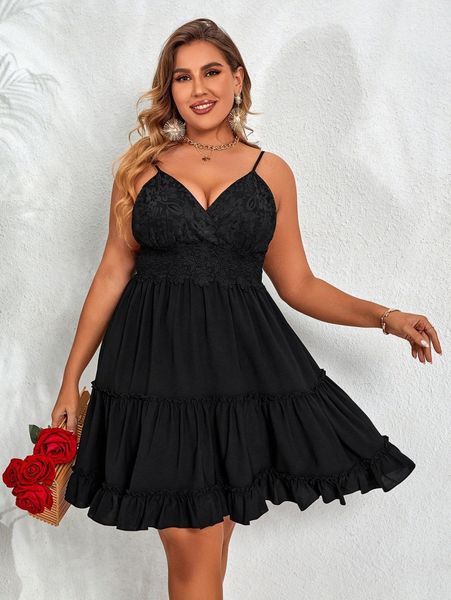 plus contrast lace shirred back ruffle hem cami dress t4o6#, Black
plus contrast lace shirred back ruffle hem cami dress t4o6#, Black