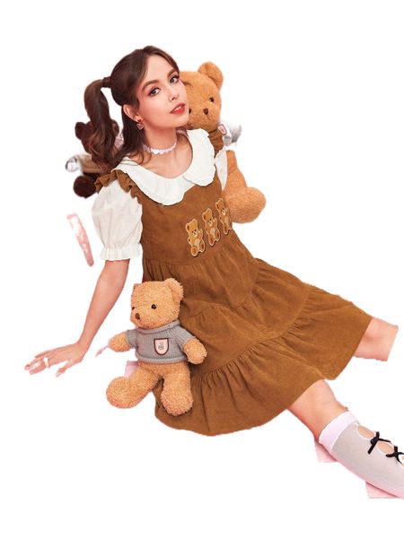 romwe kawaii corduroy bear graphic ruffle straps dress without l46v#, Black;gray
romwe kawaii corduroy bear graphic ruffle straps dress without l46v#, Black;gray