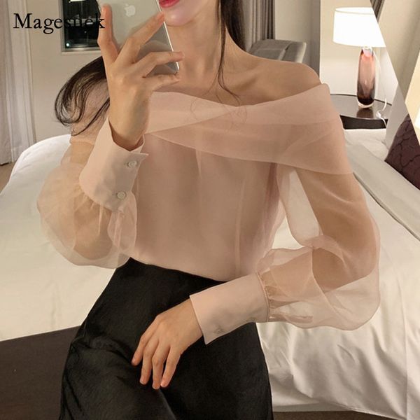 women korean solid transparent long sleeve spring mesh blouse ladies elegant clavicle oneshoulder shirt 13412 220620, White
women korean solid transparent long sleeve spring mesh blouse ladies elegant clavicle oneshoulder shirt 13412 220620, White
