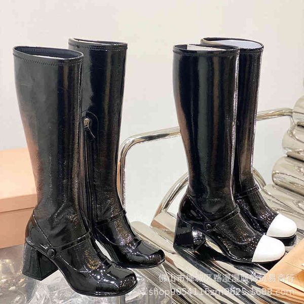 boots miu miao women's color blocked patent leather high tube boots heel thick round headed knight, Black
boots miu miao women's color blocked patent leather high tube boots heel thick round headed knight, Black