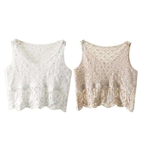 

women's tanks & camis women summer hollow out crochet knit sweater vest sleeveless scoop neck solid color crop tank scalloped wavy hem, White