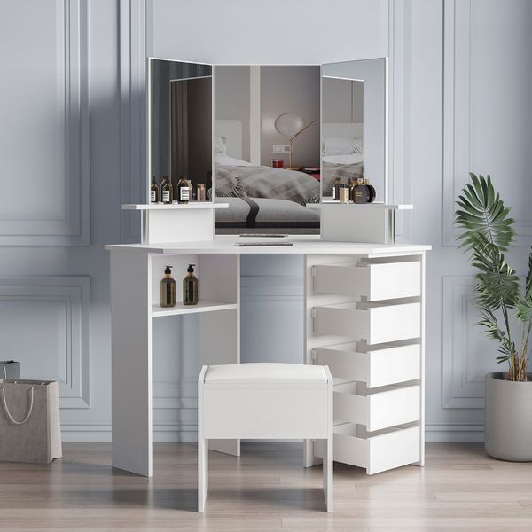 corner dressing table make up desk with three-fold mirror and 5 rotary drawer wooden bedroom vanity table white
corner dressing table make up desk with three-fold mirror and 5 rotary drawer wooden bedroom vanity table white