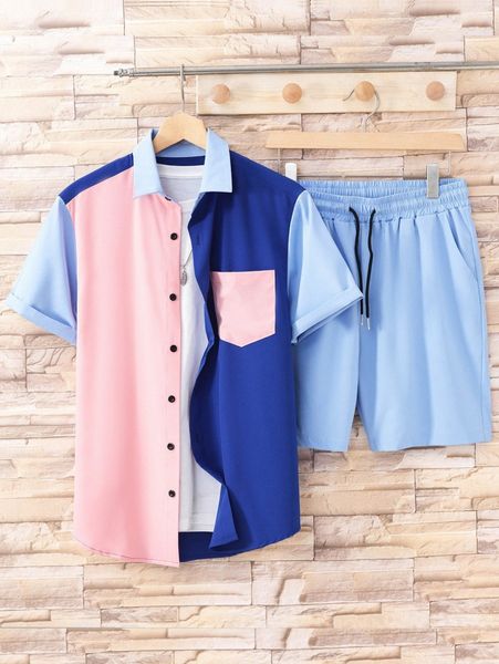 men random color block patched pocket shirt & drawstring shorts without tee n0q0#, Gray
men random color block patched pocket shirt & drawstring shorts without tee n0q0#, Gray