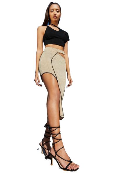 stitching cut out asymmetrical hem skirt i5nt#, Black 
stitching cut out asymmetrical hem skirt i5nt#, Black