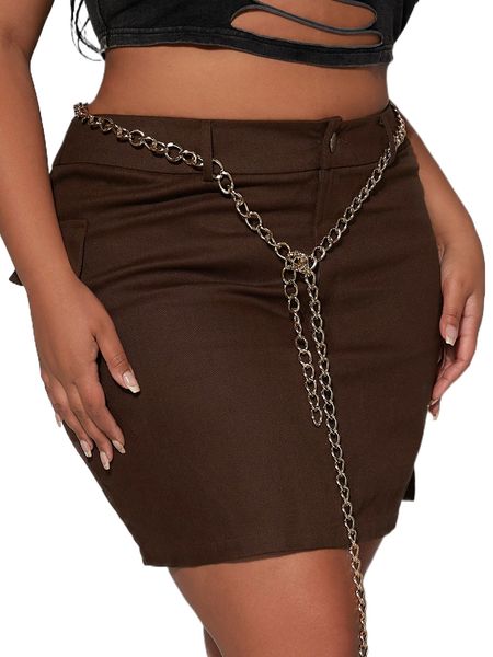 sxy plus chain detail bodycon skirt 793t#, Black