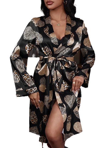 zebra striped & leopard print belted satin sleep robe without lingerie p6p1#, Black;red
zebra striped & leopard print belted satin sleep robe without lingerie p6p1#, Black;red