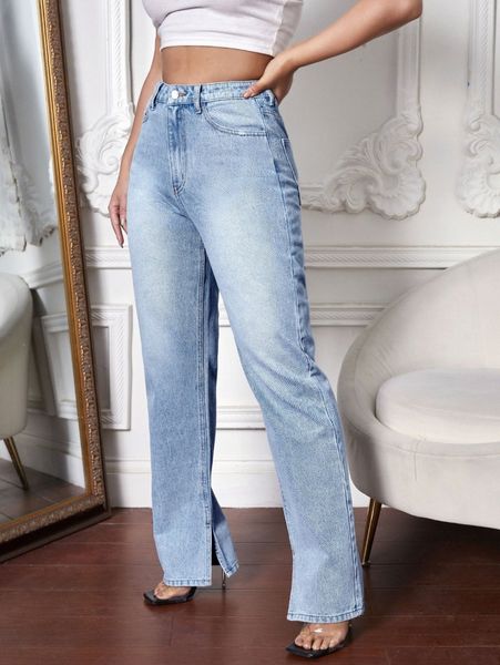 high waist split hem jeans 122o#, Blue