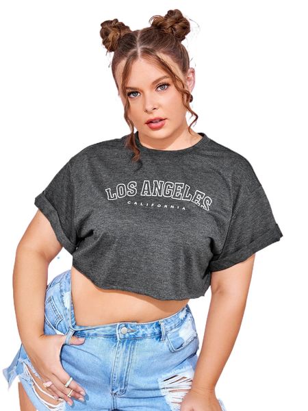 plus letter graphic drop shoulder crop tee l4aj#, Black