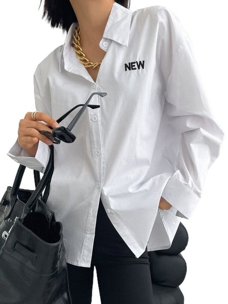 dazy letter embroidery drop shoulder blouse 56e2#, White
dazy letter embroidery drop shoulder blouse 56e2#, White