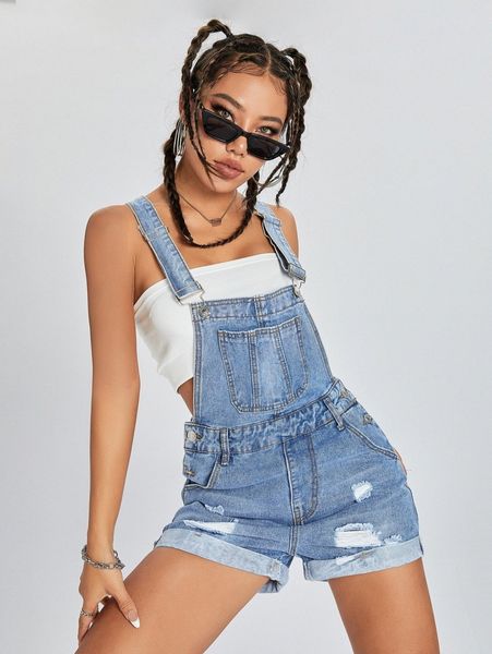 pocket front ripped roll up hem denim overall jumpsuit h3fc#, Black;white 
pocket front ripped roll up hem denim overall jumpsuit h3fc#, Black;white