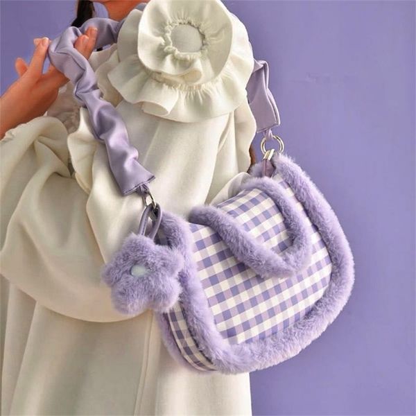 women shoulder pu leather s and handbags female shopper fashion cream purple plaid plush edge frilled square bags 220804
women shoulder pu leather s and handbags female shopper fashion cream purple plaid plush edge frilled square bags 220804