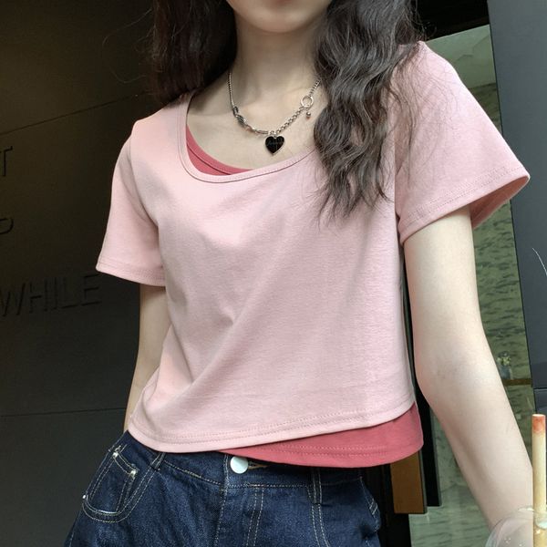 women's t-shirt 2022 summer new fashion casual fake two-piece short-sleeved round neck blended cotton stitching sweet wind collage pink, White
women's t-shirt 2022 summer new fashion casual fake two-piece short-sleeved round neck blended cotton stitching sweet wind collage pink, White