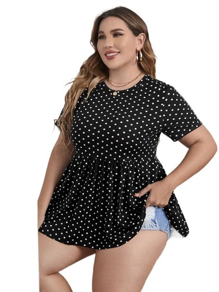 plus polka dot peplum tee w87b#, Black