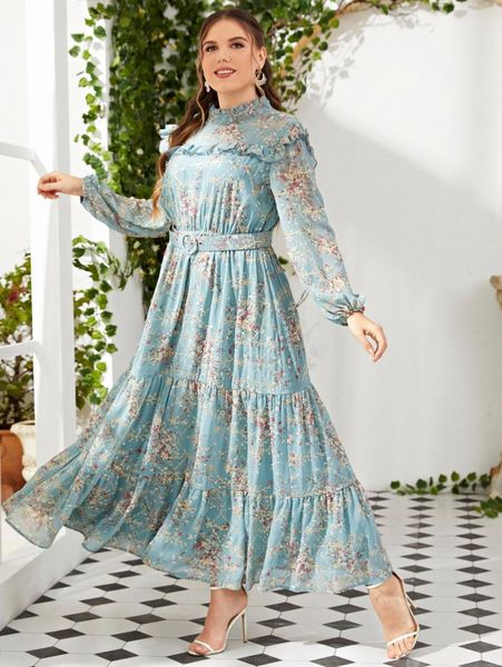 plus floral print ruffle trim belted dress r9lg#, Black
plus floral print ruffle trim belted dress r9lg#, Black