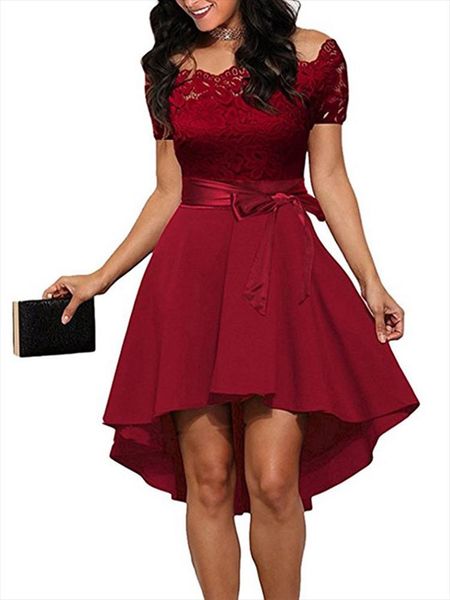 elegant red lace dress women patchwork slash neck short sleeve sashes tunic summer ladies evening party dresses, Black;gray
elegant red lace dress women patchwork slash neck short sleeve sashes tunic summer ladies evening party dresses, Black;gray