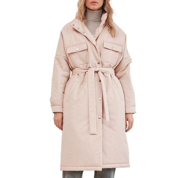 women's down & parkas cp front pockets women fashion simple stand collar coat elegant spring tie belt long cotton jackets female ladies, Black
women's down & parkas cp front pockets women fashion simple stand collar coat elegant spring tie belt long cotton jackets female ladies, Black