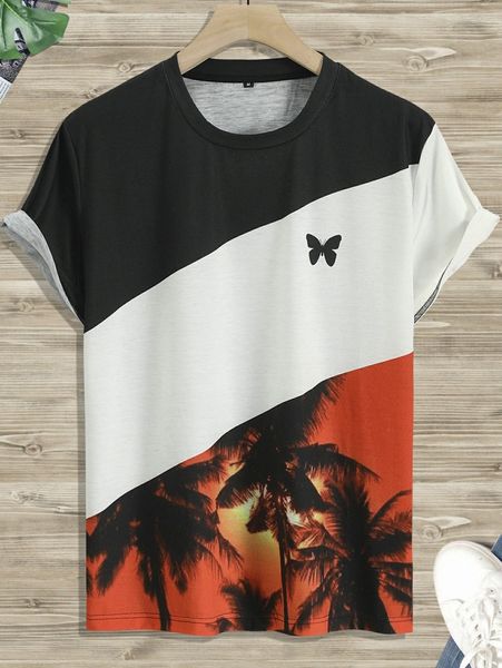 men butterfly & palm tree print colorblock tee c7a0#, White;black
men butterfly & palm tree print colorblock tee c7a0#, White;black