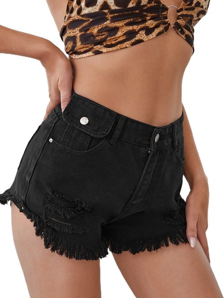 ripped raw hem denim shorts v8pl#, White;black