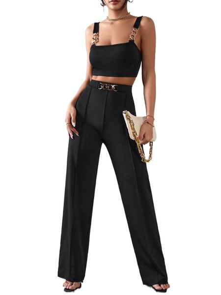 chain detail cami & straight leg pants v0fd#, White 
chain detail cami & straight leg pants v0fd#, White