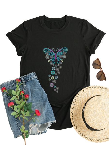 plus butterfly and floral print tee w8ut#, Black
plus butterfly and floral print tee w8ut#, Black