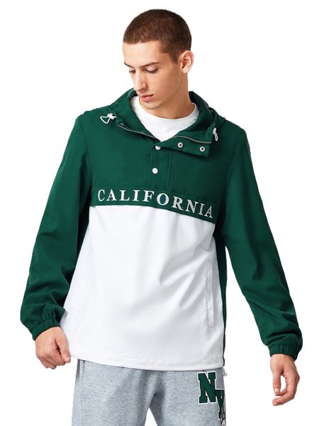 men letter embroidered colorblock drawstring hooded jacket m57o#, Black;brown 
men letter embroidered colorblock drawstring hooded jacket m57o#, Black;brown