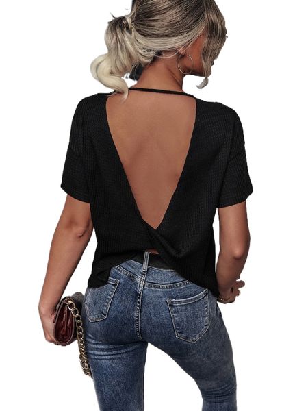 twist backless drop shoulder tee d7vu#, White 
twist backless drop shoulder tee d7vu#, White