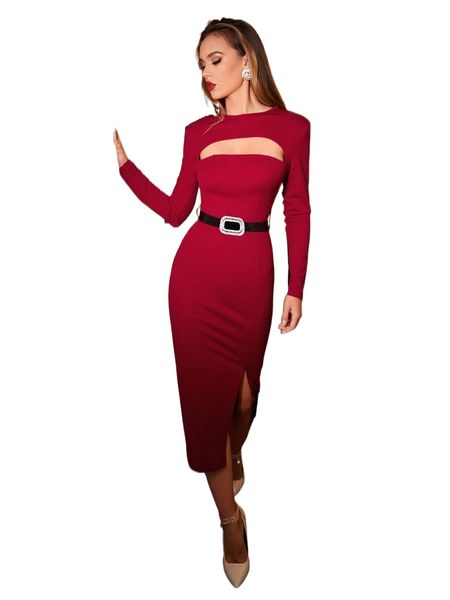cut out split thigh belted dress 30ak#, Black;gray