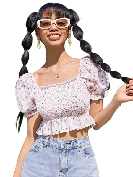 ditsy floral print puff sleeve shirred peplum crop blouse x3nq#, White
ditsy floral print puff sleeve shirred peplum crop blouse x3nq#, White