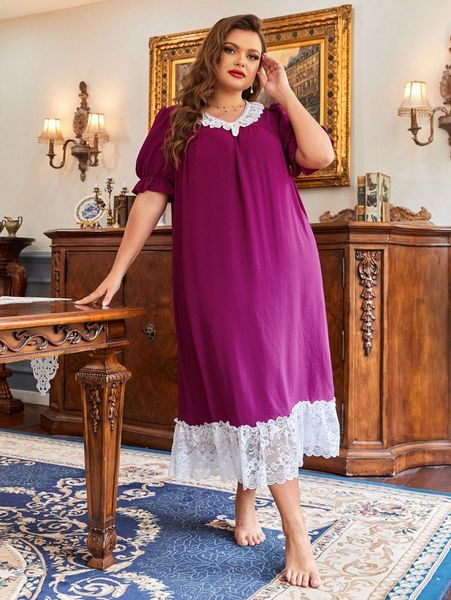 plus lace ruffle trim nightdress y5qc#, Black;white
plus lace ruffle trim nightdress y5qc#, Black;white