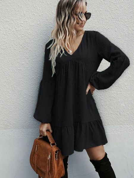 bishop sleeve ruffle hem smock dress 42st#, Black;gray