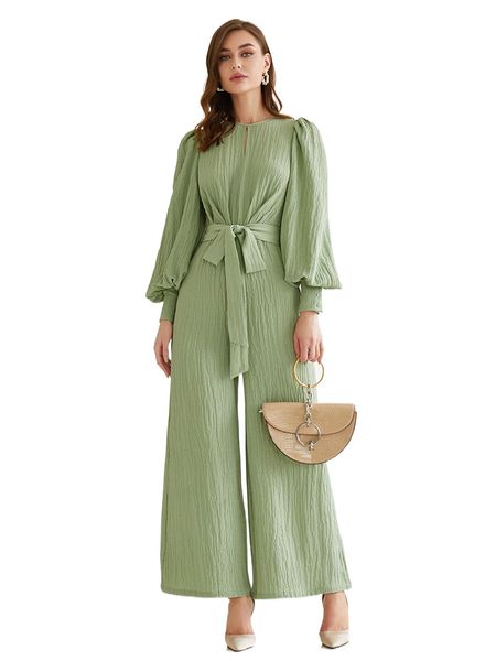 lantern sleeve keyhole neck wide leg belted jumpsuit d5mu#, Black;white