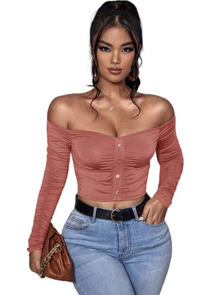 off shoulder button front ruched crop g6wi#, White 
off shoulder button front ruched crop g6wi#, White