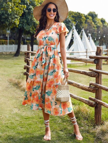 allover floral print flutter sleeve overlap collar ruffle hem belted dress q4ht#, Black;gray
allover floral print flutter sleeve overlap collar ruffle hem belted dress q4ht#, Black;gray