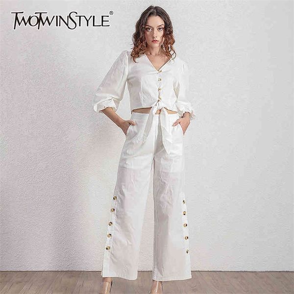 twotwinstyle white casual two piece set for women v neck puff sleeve shirt high waist split wide leg pants female sets 210517
twotwinstyle white casual two piece set for women v neck puff sleeve shirt high waist split wide leg pants female sets 210517